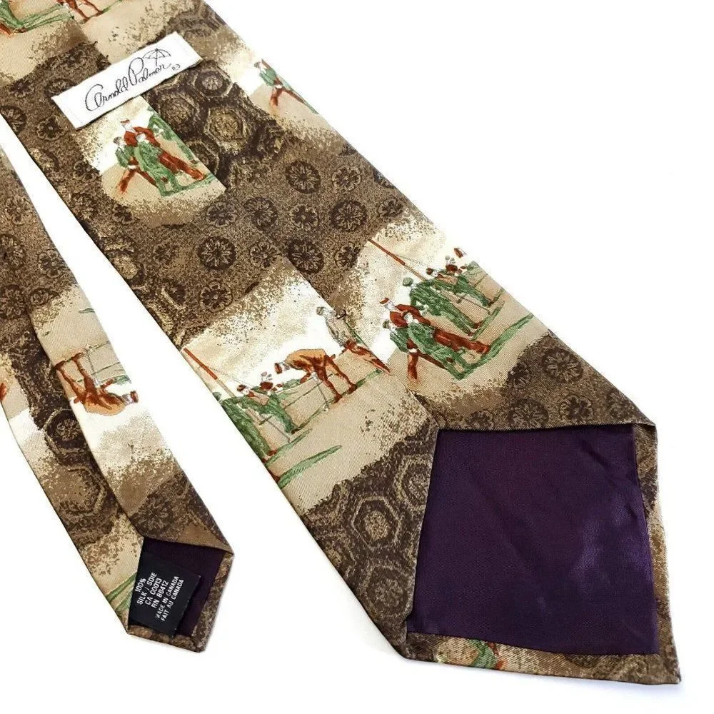 Arnold Palmer Brown‎ Beige Gold Print Wide Silk Tie